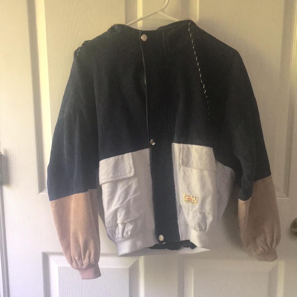 Navy/white/tan color blocked corduroy bomber jacket